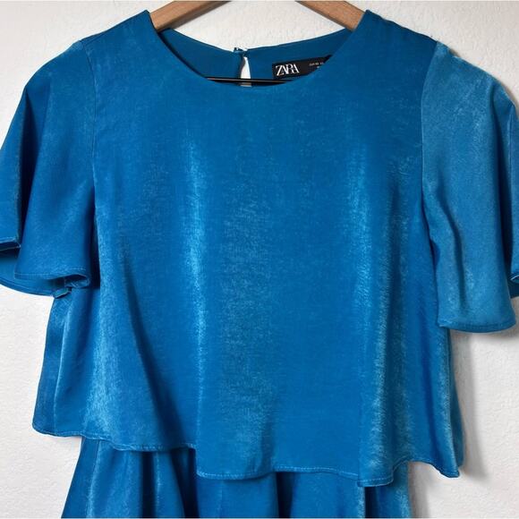 ZARA RUFFLED SATIN EFFECT MINI BLUE SIZE XS MINI WOMEN DRESS - Picture 4 of 6